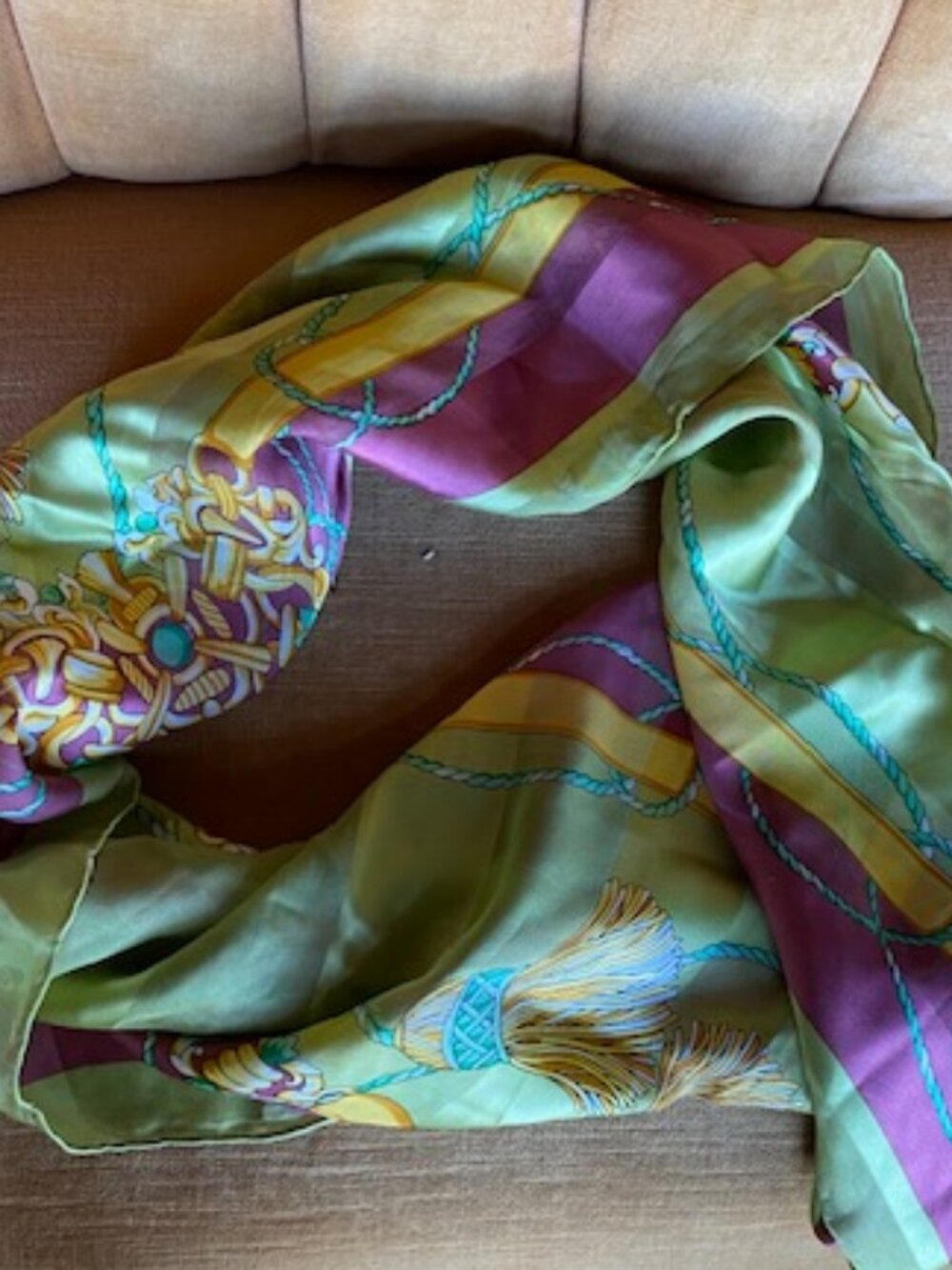 Montagut 34" Square Silk Scarf Vibrant Baroque Inspired Gold Chains Green Ropes